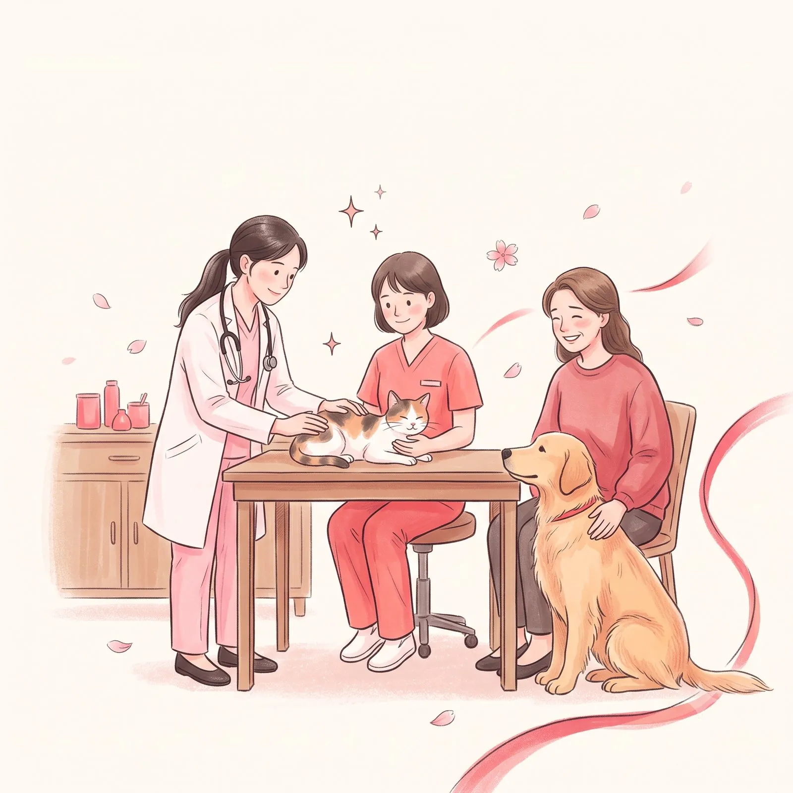 先輩に教わりながら学ぶスタッフの水彩イラスト